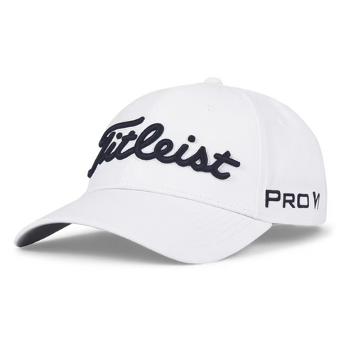 The Titleist Junior Tour Performance Cap is a white junior golf cap featuring black script embroidery on the front and PRO V1 stitched on the left, perfect for young players seeking style.