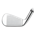A close-up of the Titleist Mens 620 CB Irons Set (4-PW, Steel Stiff) showcases its forged cavity back design, precise horizontal grooves, and sleek metallic finish against a white backdrop.