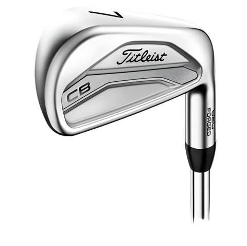 A close-up of the Titleist Mens 620 CB Irons Set (4-PW, Steel Stiff) shows the brand logo, FORGED marking, and CB on the hosel, highlighting its classic forged cavity back and tour-level precision.
