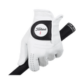 A left hand wears the Titleist Men's Players Golf Glove, gripping a black golf club. The tour-proven glove features the Titleist logo and a number 1 on a circular wrist patch.