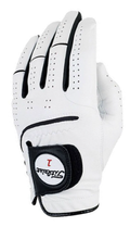 The Titleist Men's Players Golf Glove features premium cabretta leather, black accents, ventilation holes, and a Velcro strap with “Titleist 1,” shown with the palm facing inward.
