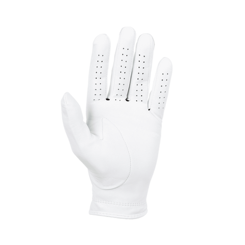 The Titleist Men's Players Golf Glove is displayed palm up on a white background, highlighting ventilation holes on the fingers and backhand for comfort. This tour-proven glove by Titleist is crafted from premium Cabretta leather.