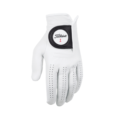 The Titleist Men's Players Golf Glove features soft white Cabretta leather, ventilation holes, a black wrist patch, and a round label with "Titleist 1" in black and red, all set against a plain white background.