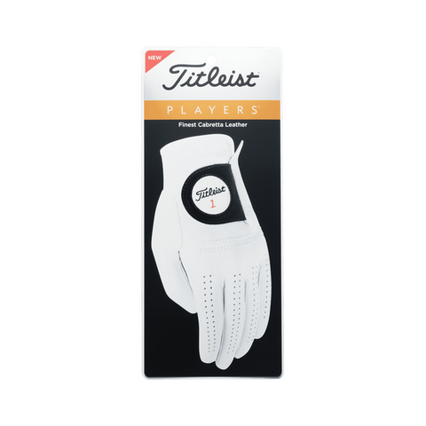 The packaged Titleist Men's Players Golf Glove features white cabretta leather on a black and orange backing card with Titleist branding—a premium, tour-proven golf glove for dedicated players.