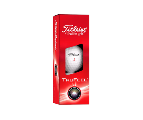 A box of Titleist 2024 TruFeel Golf Balls (White), with one ultra-soft ball visible through a window. The packaging displays the Titleist logo, #1 ball in golf, and TruFeel branding for all-round performance.
