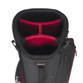 A top-down view of the Titleist Players 4 Carbon Stand Bag 2025 in black, featuring red-lined four-club dividers, carbon fiber legs, and the Titleist logo on the front.