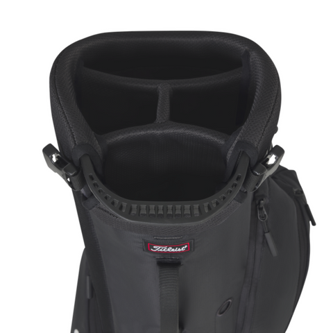 Top view of the Titleist Players 4 Carbon Stand Bag 2025 by Titleist, showcasing its ultra-lightweight build, four padded club compartments, side zippered pocket, grab handle, and carbon fiber legs.