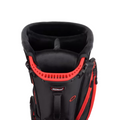 The Titleist Players 4 Carbon Stand Bag, in black and red, features padded club dividers and side pockets. Lightweight and stylish, this Titleist golf bag blends functionality with modern design for golfers.