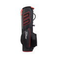 The Titleist Players 4 Carbon Stand Bag by Titleist is shown upright on a white background, featuring a black design with red accents, side pockets, visible handle, and an ultralight carbon fibre stand construction.