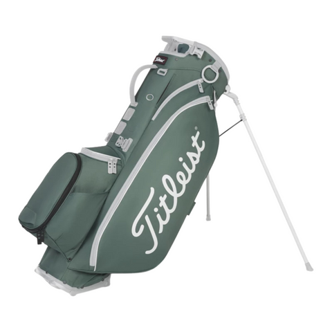 A green Titleist Players 5 StaDry Stand Bag with white accents and extended stand legs. This lightweight, waterproof bag has multiple zippered pockets, a large white Titleist logo, and is displayed on a white background.