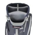 A close-up of the navy and gray Titleist Players 5 Stand Bag from Titleist shows four padded club dividers and zippered side pockets on this premium golf bag.