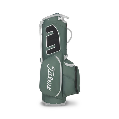 The Titleist Players 5 Stand Bag, featuring a green design with white lettering and black accents, is shown upright against a white background, highlighting this stylish and functional premium golf bag from Titleist.