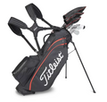 The Titleist Players 5 Stand Bag by Titleist, shown in black with red accents on its extendable legs, holds multiple golf clubs with headcovers—a premium choice for any golfer.