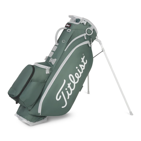 The Titleist Players 5 Stand Bag features a green design with white accents, the classic Titleist logo, multiple pockets, a durable stand, and a convenient carry handle for easy use on the course.