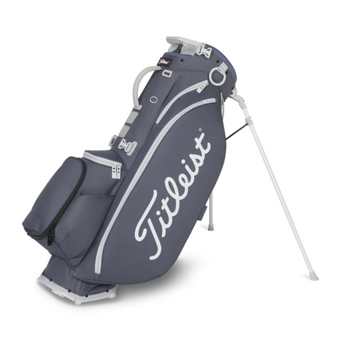 The Titleist Players 5 Stand Bag features a gray design with white accents, spacious side pocket, white stand legs, and the prominent Titleist logo—a high-quality golf bag from Titleist for dedicated players.