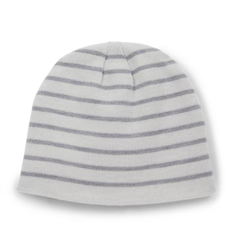 The Titleist Players Beanie by Titleist is light gray, features thin horizontal dark gray stripes, and is shown on a white background.
