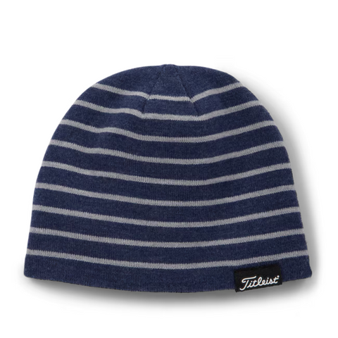 The Titleist Players Beanie is a navy blue golf hat with light gray stripes and a black patch featuring the Titleist logo—ideal for keeping warm on chilly days.