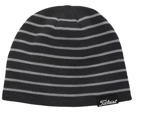 Stay warm on chilly rounds with the Titleist Players Beanie—a black beanie with thin gray stripes and a small black patch featuring the white Titleist logo near the brim.