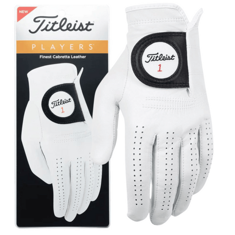 The Titleist Players Men's Golf Glove by Titleist is shown on its packaging and separately, featuring Cabretta leather, a black and white logo patch with a red number 1, and perforations for breathability.