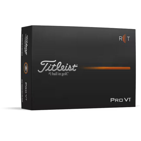 Titleist Pro V1 Radar Capture Technology (RCT) Balls - Dozen: Black rectangular box with silver-orange logo, #1 ball in golf text, Pro V1 branding, and launch monitor compatible for precise performance tracking. Brand: Titleist.