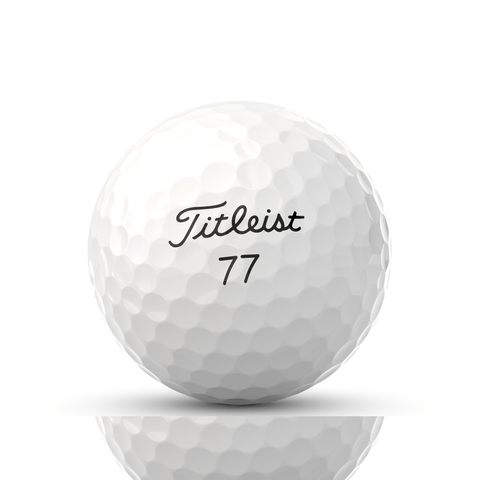 A single Titlleist Pro V1 white golf ball with special play number 77