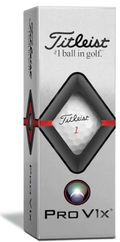 A rectangular silver box of Titleist Pro V1x Left Dash Golf Balls | White by Titleist, featuring a golf ball visible through a diamond window—engineered for maximum distance and low spin.