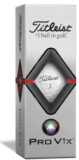 A rectangular silver box of Titleist Pro V1x Left Dash Golf Balls | White by Titleist, featuring a golf ball visible through a diamond window—engineered for maximum distance and low spin.