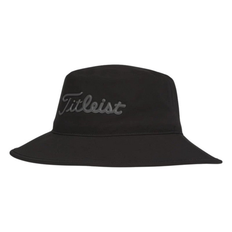 The Titleist Stadry Performance Bucket Hat is a black, waterproof bucket hat with matching black Titleist embroidery on the front—an ideal, stylish rain hat for golfers.