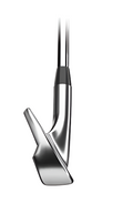 A close-up of the Titleist T100 2023 Steel Irons (4-PW) showcases the tour-proven precision and sleek metal design of these forged irons, upright with the shaft extending against a white background.