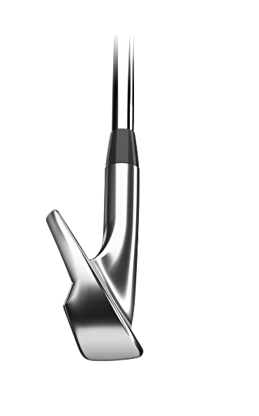 A close-up of the Titleist T100 2023 Steel Irons (4-PW) showcases the tour-proven precision and sleek metal design of these forged irons, upright with the shaft extending against a white background.