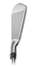 A close-up of the Titleist T100 2023 Steel Irons (4-PW) head showcases its grooved face and sleek, metallic design, reflecting Titleist’s tour-proven precision against a white background.