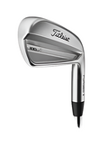 A close-up of the Titleist T100 2023 Steel Irons (4-PW) highlights its polished silver head, Titleist branding, and forged craftsmanship for tour-level precision and sleek, modern design.