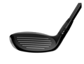 A close-up of a Titleist TSR1 Womens Hybrid by Titleist, highlighting its ultra-lightweight design with a detailed view of the grooved clubface and part of the shaft set against a white background.