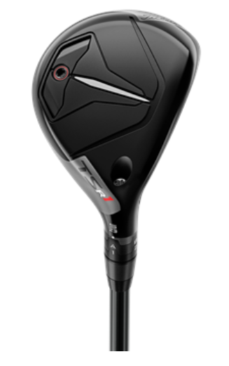 The Titleist TSR1 Womens Hybrid by Titleist features a sleek black head with geometric patterns and a metallic accent on a black shaft. This high-launch club delivers precision and style for golfers seeking optimal performance.