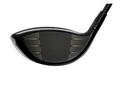 Close-up of the Titleist TSR2 Driver | Prior Generation | Left Handed club head by Titleist, showing its metallic face with horizontal grooves and black finish. The fully visible clubface highlights its detailed texture.