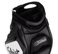 A close-up of the Titleist Tour Golf Bag in Black/White by Titleist, featuring quilted detailing, multiple compartments, and top dividers for organized golf club storage.