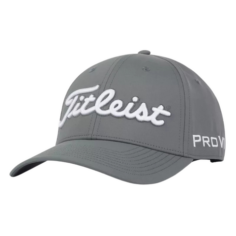 The Titleist Tour Performance Cap is a lightweight gray cap featuring white Titleist embroidery on the front and Pro V1 stitched on the side—a stylish choice for golfers.
