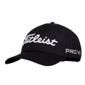The Titleist Tour Performance Cap is a stylish black golf hat featuring “Titleist” embroidered in white on the front and “Pro V1” stitched on the side—perfect for any golfer.
