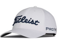 The Titleist Tour Performance Cap in White/Navy features navy Titleist embroidery on the front, Pro V1 stitching on the side, a curved brim, and ventilation eyelets for comfort.