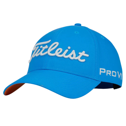 The Titleist Tour Performance Cap is a bright blue, breathable golf hat with a curved brim, adjustable back strap, and Titleist embroidered in white on the front and PRO V1 on the side.