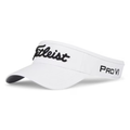 Stay cool with the Titleist Tour Performance Visor. This white golf visor features sun protection, a front black embroidered Titleist logo, and Pro V1 on the side, shown from a front angle against a plain background.