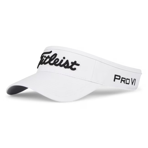 Stay cool with the Titleist Tour Performance Visor. This white golf visor features sun protection, a front black embroidered Titleist logo, and Pro V1 on the side, shown from a front angle against a plain background.