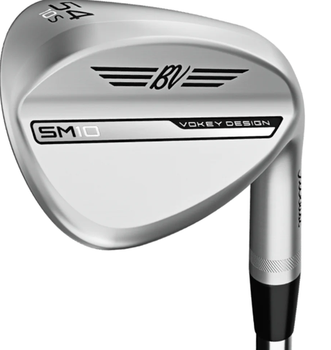 A close-up of the left-handed Titleist Vokey SM10 Chrome Wedge showcases the Titleist branding, detailed design features, and a portion of the club’s shaft.