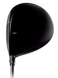A close-up of the Titleist Women's GT2 Driver shows its black, lightweight clubhead with glossy “GT” lettering and visible shaft and “S” loft marking—ideal for golfers seeking a forgiving driver.