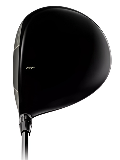 A close-up of the Titleist Women's GT2 Driver shows its black, lightweight clubhead with glossy “GT” lettering and visible shaft and “S” loft marking—ideal for golfers seeking a forgiving driver.