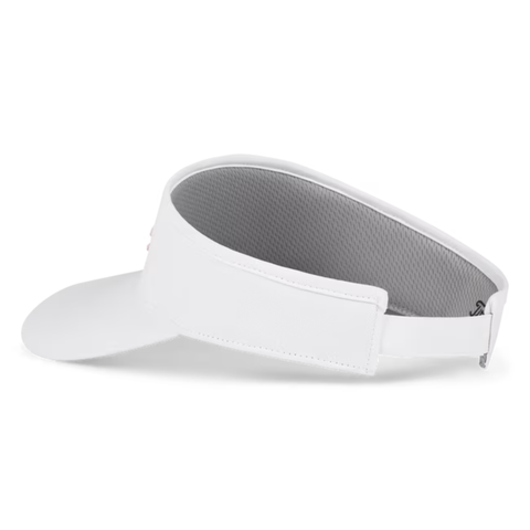 The Titleist Women's Sundrop Visor features a white, curved brim, adjustable back strap, and gray textured interior for comfort—combining style and performance on the course. Shown here from a side angle.