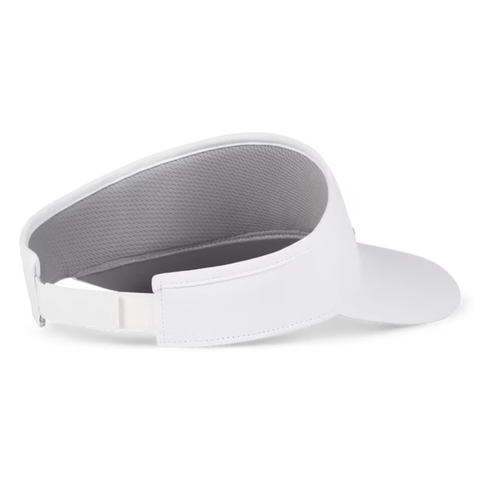 The Titleist Women's Sundrop Visor is a white golf visor for women featuring a curved brim, open top, adjustable back strap, and gray inner lining, shown from a rear side angle on a plain background.