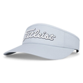 The Titleist Women's Sundrop Visor is a light gray, wide-brim visor with white and black embroidered Titleist logo, featuring a curved brim, adjustable back strap, and lightweight sun protection.