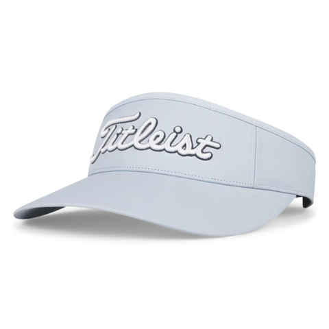 The Titleist Women's Sundrop Visor is a light gray, wide-brim visor with white and black embroidered Titleist logo, featuring a curved brim, adjustable back strap, and lightweight sun protection.