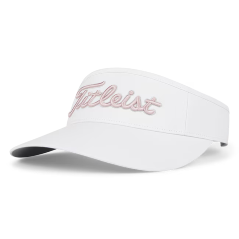 The Titleist Women's Sundrop Visor is a white golf visor with light pink cursive embroidery on the front. It features a curved brim and a sporty design, perfect for women golfers seeking style and sun protection.
